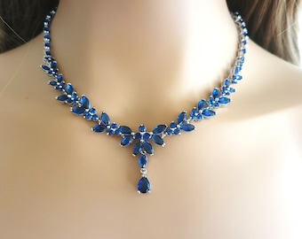 Sapphire Blue Bridal Necklace, Leaf Necklace, Bridal Necklace, Wedding Earrings, Sapphire Wedding Jewelry Set, Wedding Bridal Set, Bracelet