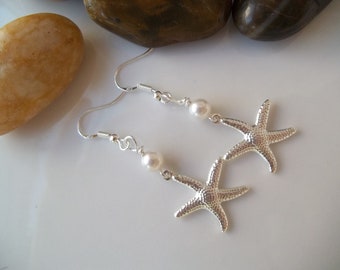 Bridesmaid Earrings, Starfish Earrings, Pearls, Silver Starfish, Pearl & Starfish Earrings, Beach Nautical Wedding Earrings, Bridal Party