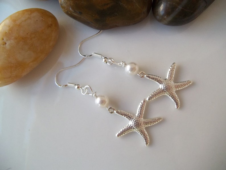 Bridesmaid Earrings, Starfish Earrings, Pearls, Silver Starfish, Pearl & Starfish Earrings, Beach Nautical Wedding Earrings, Bridal Party image 1