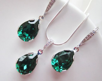 Emerald Green Jewelry Set, Bridesmaids Jewelry Set, Emerald Green Teardrop Earrings, Emerald Necklace, Emerald Green Necklace Set