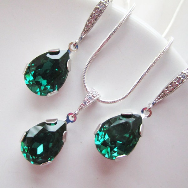 Emerald Green Jewelry Set, Bridesmaids Jewelry Set, Emerald Green Teardrop Earrings, Emerald Necklace, Emerald Green Necklace Set