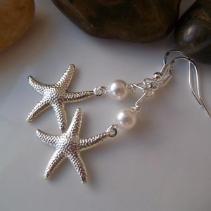 Bridesmaid Earrings, Starfish Earrings, Pearls, Silver Starfish, Pearl & Starfish Earrings, Beach Nautical Wedding Earrings, Bridal Party image 5