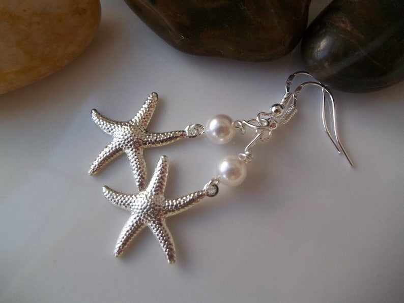Bridesmaid Earrings, Starfish Earrings, Pearls, Silver Starfish, Pearl & Starfish Earrings, Beach Nautical Wedding Earrings, Bridal Party image 5