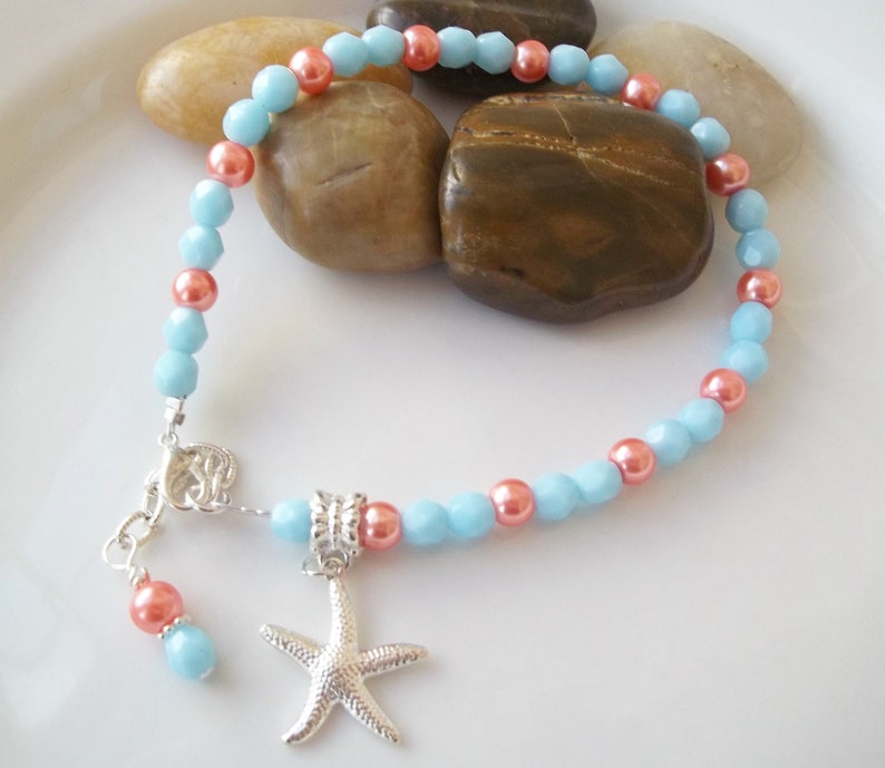 Beach Coral Pearls Beaded Ankle,Bridesmaids Starfish Charm Turquoise Beads Nautical Starfish Anklet,Turquoise Coral Starfish Anklet