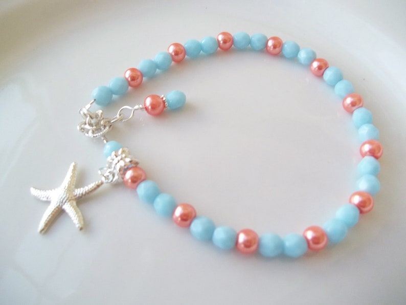 Beach Coral Pearls Beaded Ankle,Bridesmaids Starfish Charm Turquoise Beads Nautical Starfish Anklet,Turquoise Coral Starfish Anklet