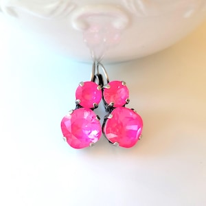 Electric Pink Earrings, Crystal Earrings, Hot Pink Earrings, Neon Pink, Gift for Her, Barbie Pink, 12mm, Cushion Cut, Dangle Earrings