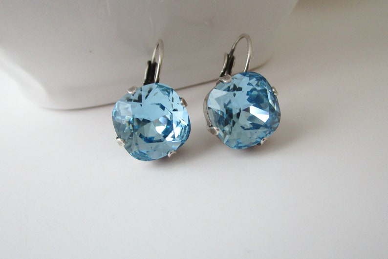 Something Blue Blue Crystal Earrings Cushion Cut Earrings FREE SHIPPING Birthstone Earrings Aquamarine Earrings Bridesmaid Earrings