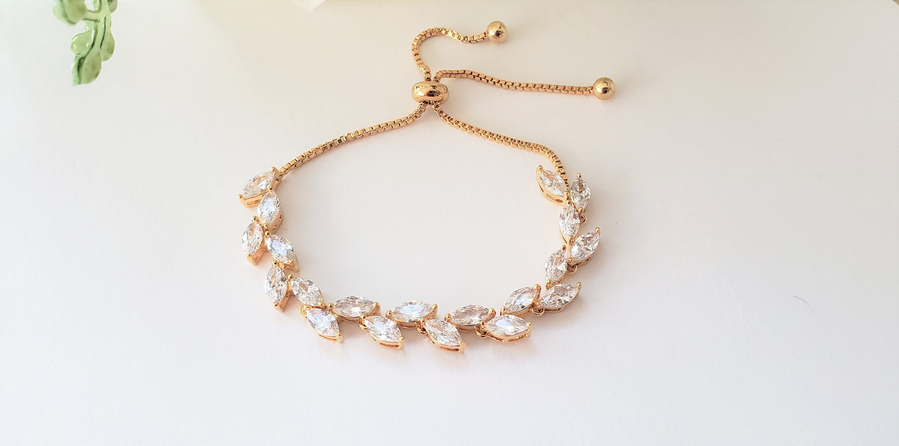 Gold CZ Leaf Wedding Bracelet Bridal Bracelet  Rose Gold Bracelet Cub…
