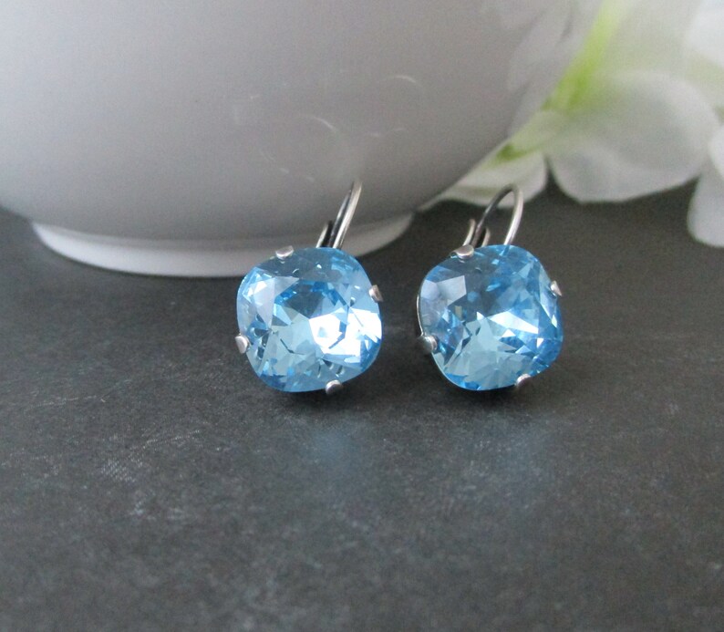 Something Blue Blue Crystal Earrings Cushion Cut Earrings FREE SHIPPING Birthstone Earrings Aquamarine Earrings Bridesmaid Earrings