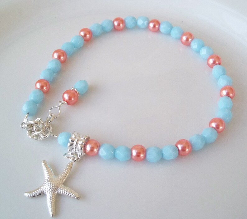 Beach Coral Pearls Beaded Ankle,Bridesmaids Starfish Charm Turquoise Beads Nautical Starfish Anklet,Turquoise Coral Starfish Anklet