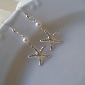 Bridesmaid Earrings, Starfish Earrings, Pearls, Silver Starfish, Pearl & Starfish Earrings, Beach Nautical Wedding Earrings, Bridal Party image 3