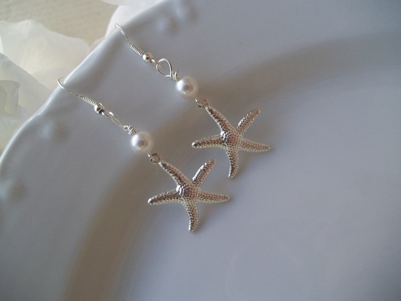 Bridesmaid Earrings, Starfish Earrings, Pearls, Silver Starfish, Pearl & Starfish Earrings, Beach Nautical Wedding Earrings, Bridal Party image 3