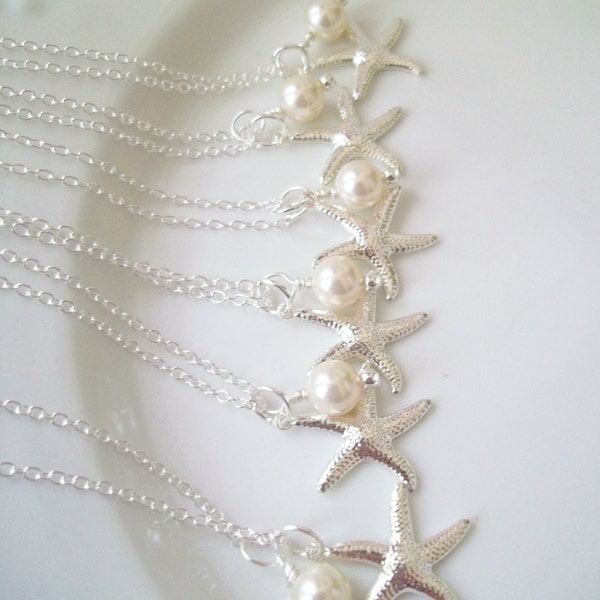 Set Of 6 Bridesmaid Necklaces, Pearls, Silver Starfish, Pearl & Starfish Necklace, Beach Nautical Wedding, Set of 6 Necklaces, Weddings