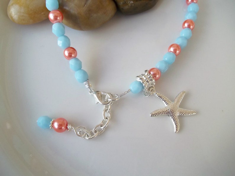 Beach Coral Pearls Beaded Ankle,Bridesmaids Starfish Charm Turquoise Beads Nautical Starfish Anklet,Turquoise Coral Starfish Anklet