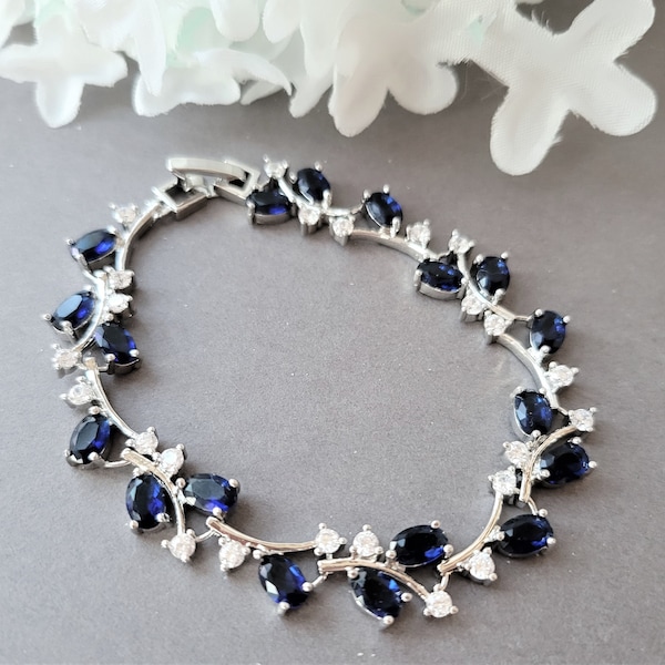 Sapphire Blue Bridal Bracelet, Sapphire Leaf Vine Bracelet, Navy Blue Bracelet, Bridal Bracelet, CZ Branch Vine, Something Blue Jewelry, CZ