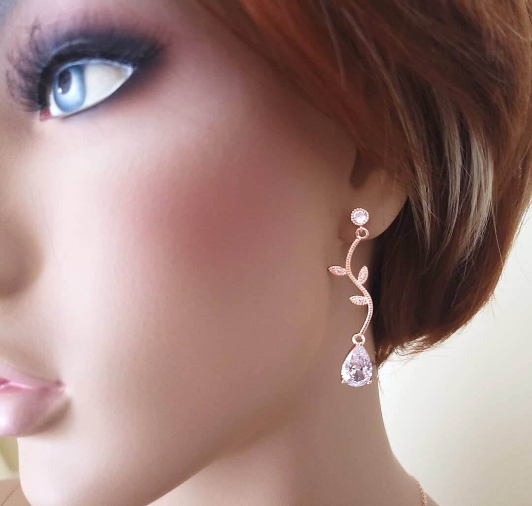 Vine Bridal Earrings, Rose Gold Wedding Jewelry, Bridal Jewelry Set