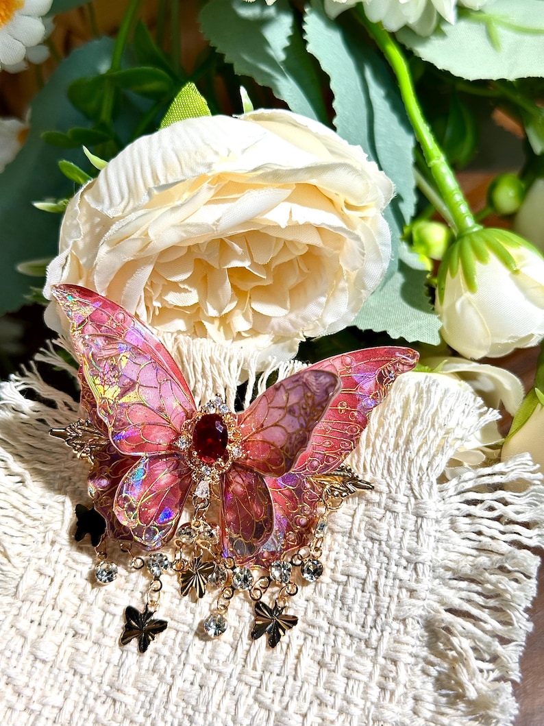 Butterfly Hair Clip: Iridescent Fairy Wing with Crystal Red