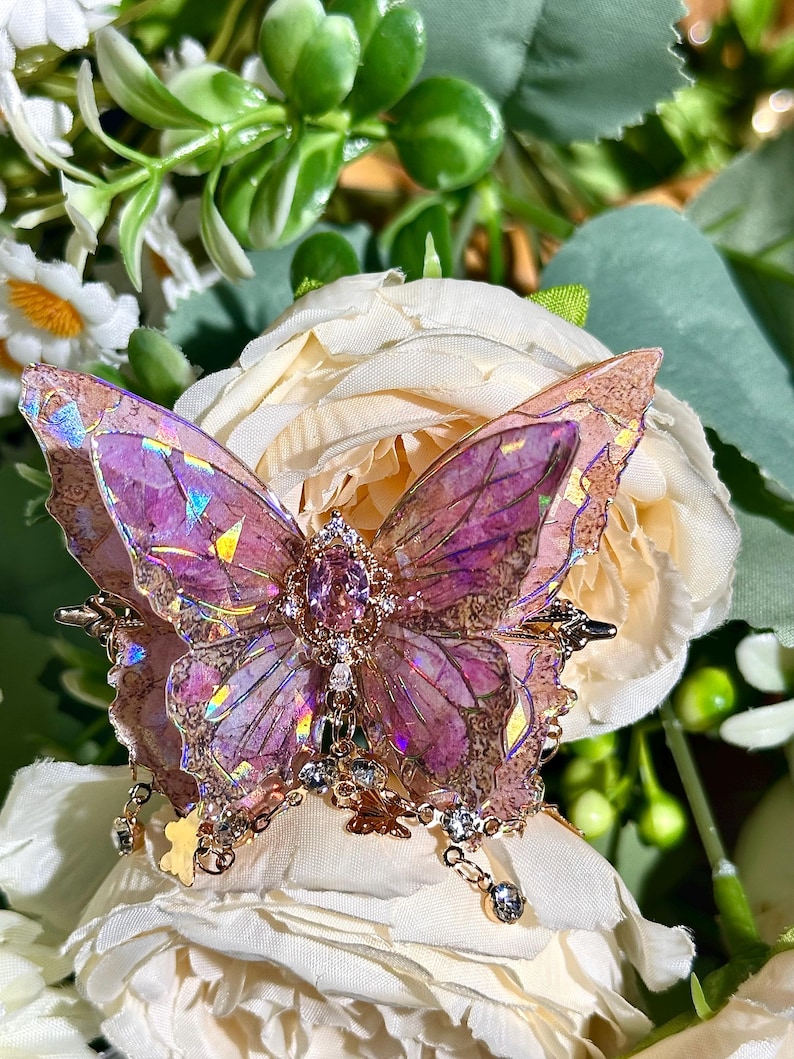 Butterfly Hair Clip: Iridescent Fairy Wing with Crystal Pink