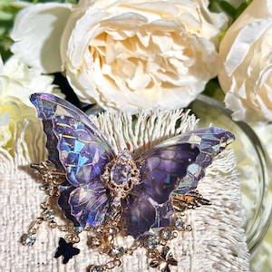 Butterfly Hair Clip: Iridescent Fairy Wing with Crystal Dark  Purple