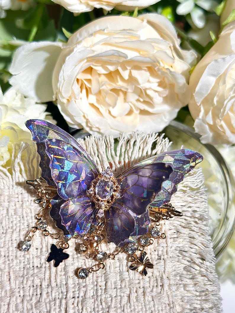 Butterfly Hair Clip: Iridescent Fairy Wing with Crystal Dark  Purple