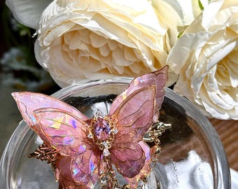 Pink Butterfly Hair Clip: Iridescent Fairy Wing, Crystal Dangles