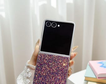 For Samsung Galaxy Z Flip7 Flip 6 5 4 3 – Silver Frame Plating Bling Diamond Case, Glitter Laser Slim Phantom Shell