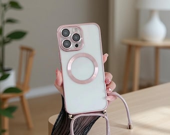 Plating Clear Magnetic Case for iPhone 16 15 14 13 12 Pro Max – Wireless Charging Crossbody Lanyard Necklace Phone Cover