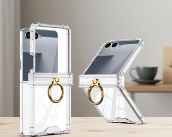 Transparent Ring Holder Hinge Protection Case for Samsung Z Flip 7 6 5 FE Clear Shockproof Phone Cover