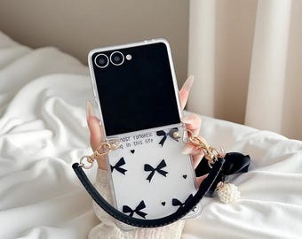 Clear Black Bow Phone Case for Samsung Galaxy Z Flip 7 6 5 4 3 – Silicone Hand Rope Hinge Hard Shockproof Cover