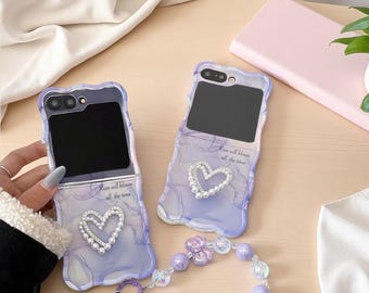 Beads Bracelet Pearl Heart Case for Samsung Galaxy Z Flip 7 Z Flip 6 Z Flip 5 Z Flip 4 3 – Luxury Hard Phone Shell Cover