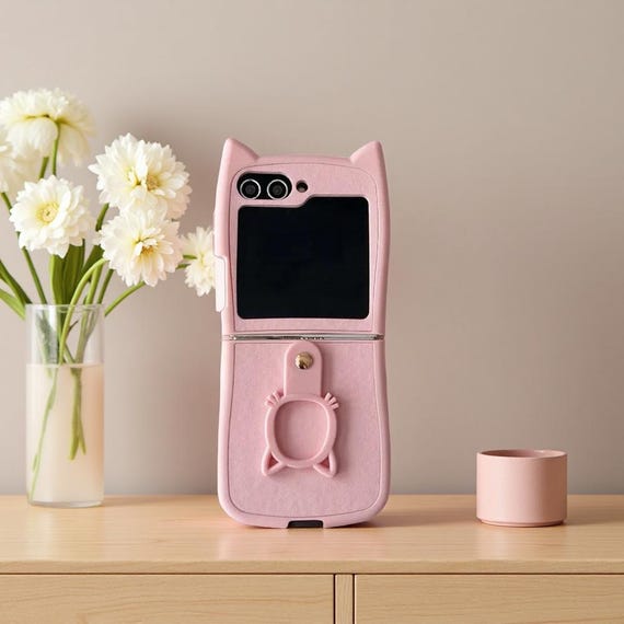 Cat Ear Ring Folding Phone Case For Samsung Galaxy Z Flip7 Z Flip 5 4 3 Zflip6 Airbag Shockproof Protection Soft Cover