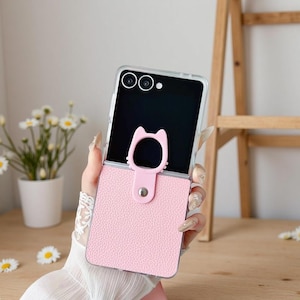 Luxury Lychee Leather Cat Ring Case for Samsung Galaxy Z Flip 7 6 5 4 3 – Shockproof Bumper Protective Shell Cover