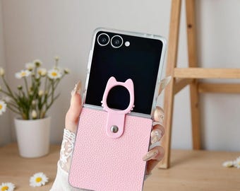Luxury Lychee Leather Cat Ring Case for Samsung Galaxy Z Flip 7 6 5 4 3 – Shockproof Bumper Protective Shell Cover