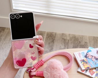 Heart Lovely Case for Samsung Z Flip 7 6 5 4 3 | Cute Glossy Cover with Hand Lanyard | Protective Shell Funda Flip Phone Case