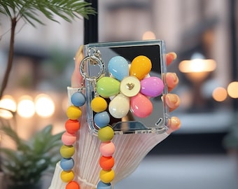 Mirror Rainbow Flower Bracelet Case for Samsung Galaxy Z Flip 7 6 5 4 – Beaded Strap Shockproof Protective Cover