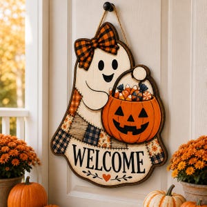 May include: A wooden ghost-shaped door sign featuring a cream-colored ghost with a black and orange plaid bow, holding an orange jack-o'-lantern bucket filled with candy corn. The sign displays the word WELCOME in black text above a small orange heart.
