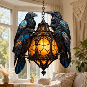 Raven Gothic On Lantern ACRYLIC Suncatcher, Crow On Lamp Window Hanging