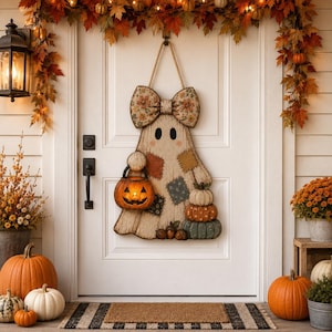 Ghost Patchwork Door Hanger, Halloween Ghost Pumpkin Sign, Witch Hat Decor