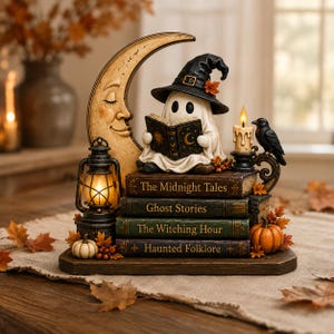 May include: A decorative figurine featuring a white ghost wearing a black witch hat, reading a book atop a stack of four books titled The Midnight Tales, Ghost Stories, The Witching Hour, and Haunted Folklore, with a crescent moon, lantern, and raven.