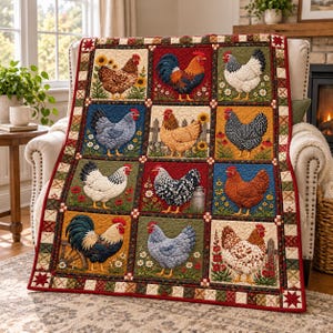 May include: A quilt featuring a grid of twelve square panels, each displaying a different chicken or rooster illustration set against colorful backgrounds with floral and farm motifs, bordered by a red and multi-colored geometric pattern.