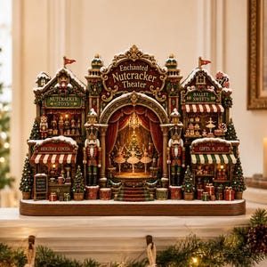 May include: A decorative Enchanted Nutcracker Theater display featuring a central stage with three ballerinas, flanked by shops labeled Nutcracker Toys, Ballet Sweets, Holiday Cocoa, and Gifts & Joy, all accented with festive holiday details.