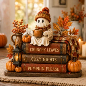 May include: A decorative figurine of a ghost wearing a knit hat and scarf, holding a mug, perched on a stack of three books titled Crunchy Leaves, Cozy Nights, and Pumpkin Please. The display includes miniature pumpkins, a lantern, and autumn leaves.