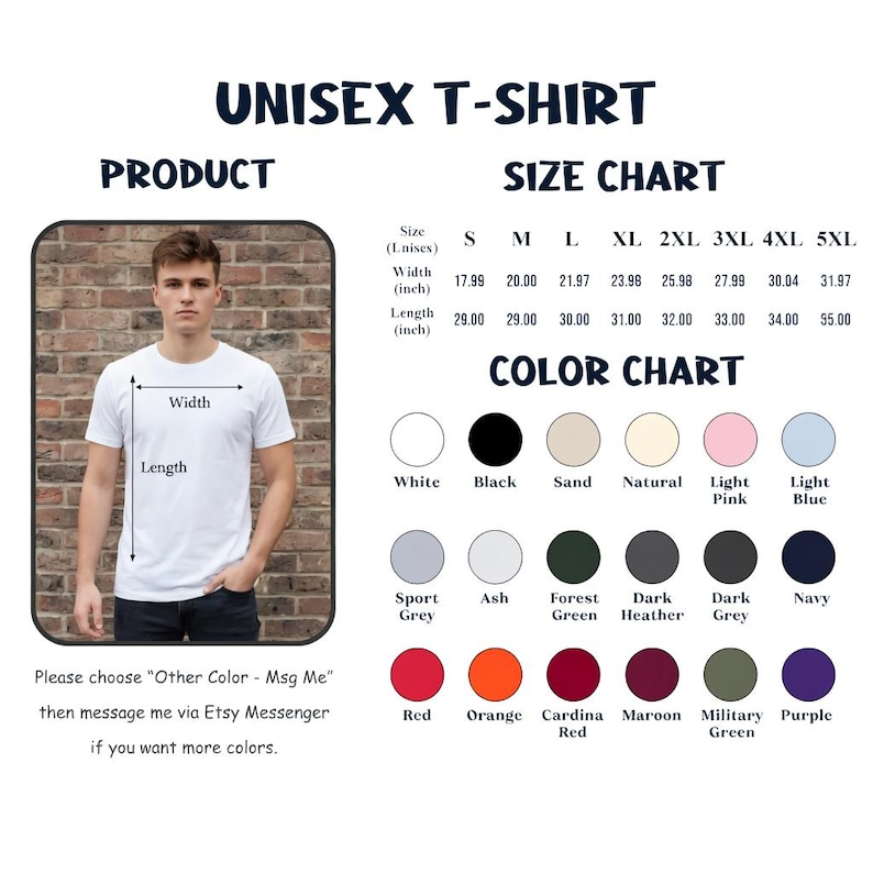 Pu&ograve; includere: T-shirt unisex bianca con tabella taglie e colori. La tabella taglie mostra le misure in pollici, che vanno da 45,69 cm a 81,10 cm di larghezza e da 73,66 cm a 139,70 cm di lunghezza. La tabella colori include opzioni come nero, rosso e blu navy.