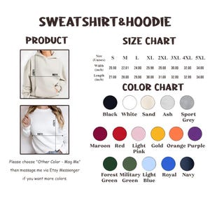 Pu&ograve; includere: Immagine del prodotto con tabella taglie e colori per felpe e felpe con cappuccio. La tabella taglie include misure in pollici per larghezza e lunghezza, dalla S alla 5XL. La tabella colori mostra vari colori, tra cui nero, bianco e bordeaux.