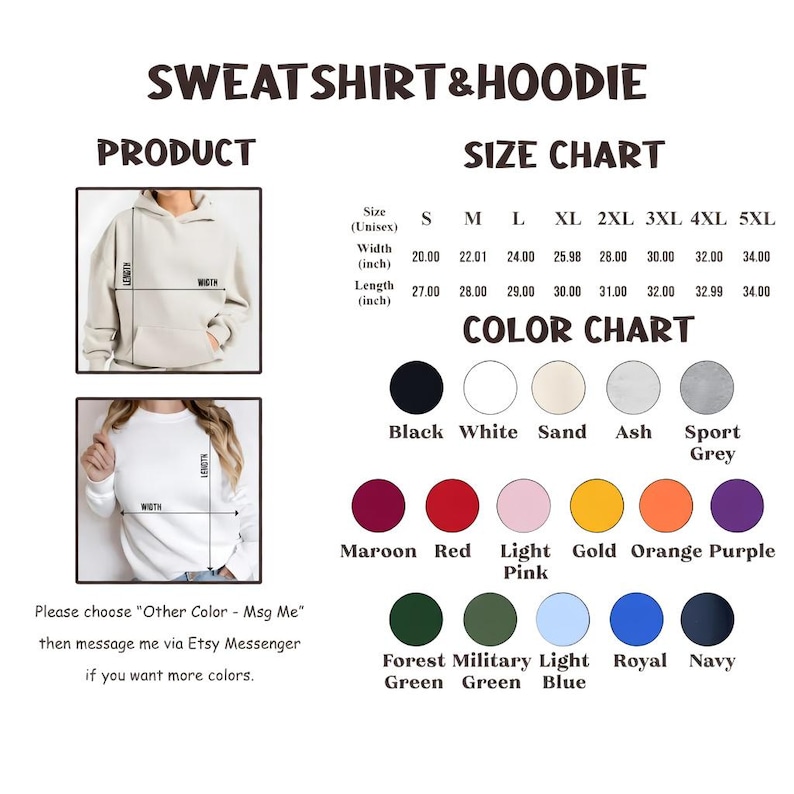 Pu&ograve; includere: Immagine del prodotto con tabella taglie e colori per felpe e felpe con cappuccio. La tabella taglie include misure in pollici per larghezza e lunghezza, dalla S alla 5XL. La tabella colori mostra vari colori, tra cui nero, bianco e bordeaux.