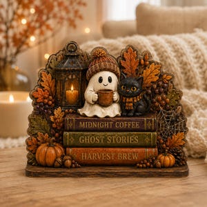 May include: A decorative figurine featuring a ghost wearing a beanie and holding a mug, sitting next to a black cat on a stack of three books titled Midnight Coffee, Ghost Stories, and Harvest Brew, surrounded by autumn leaves, a lantern, and pumpkins.