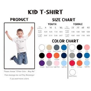 Pu&ograve; includere: Una tabella delle taglie di magliette per bambini bianca, con misure in pollici per taglie da bambino e da bambino piccolo. La tabella dei colori include opzioni come bianco, nero, rosso, arancione e blu navy. L'immagine mostra anche un bambino che indossa una maglietta bianca.