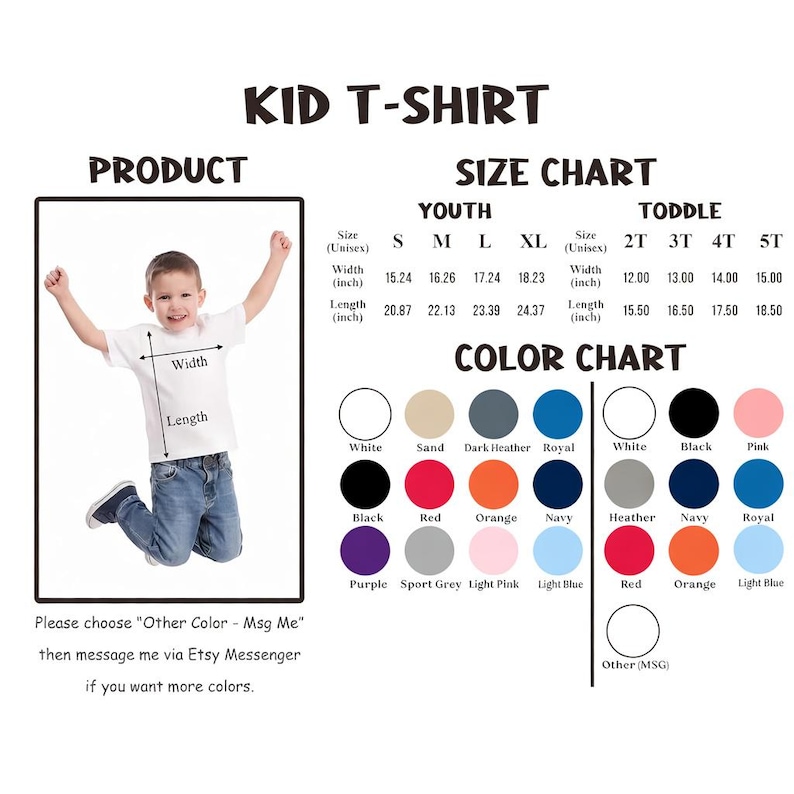 Pu&ograve; includere: Una tabella delle taglie di magliette per bambini bianca, con misure in pollici per taglie da bambino e da bambino piccolo. La tabella dei colori include opzioni come bianco, nero, rosso, arancione e blu navy. L'immagine mostra anche un bambino che indossa una maglietta bianca.
