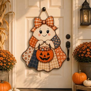 Welcome Halloween Patchwork Ghost Door Hanger, Rustic Halloween Fall Decor Sign