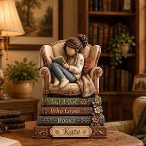 May include: A decorative figurine of a person with brown hair in a bun sitting in a cream-colored armchair reading a book. The chair rests on a stack of four books with the text Just A Girl Who Loves Books and the name Kate printed on them.